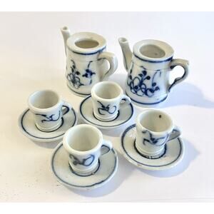 Antique German Blue Onion Tea Set Miniature Dollhouse Porcelain Blue White 1800s
